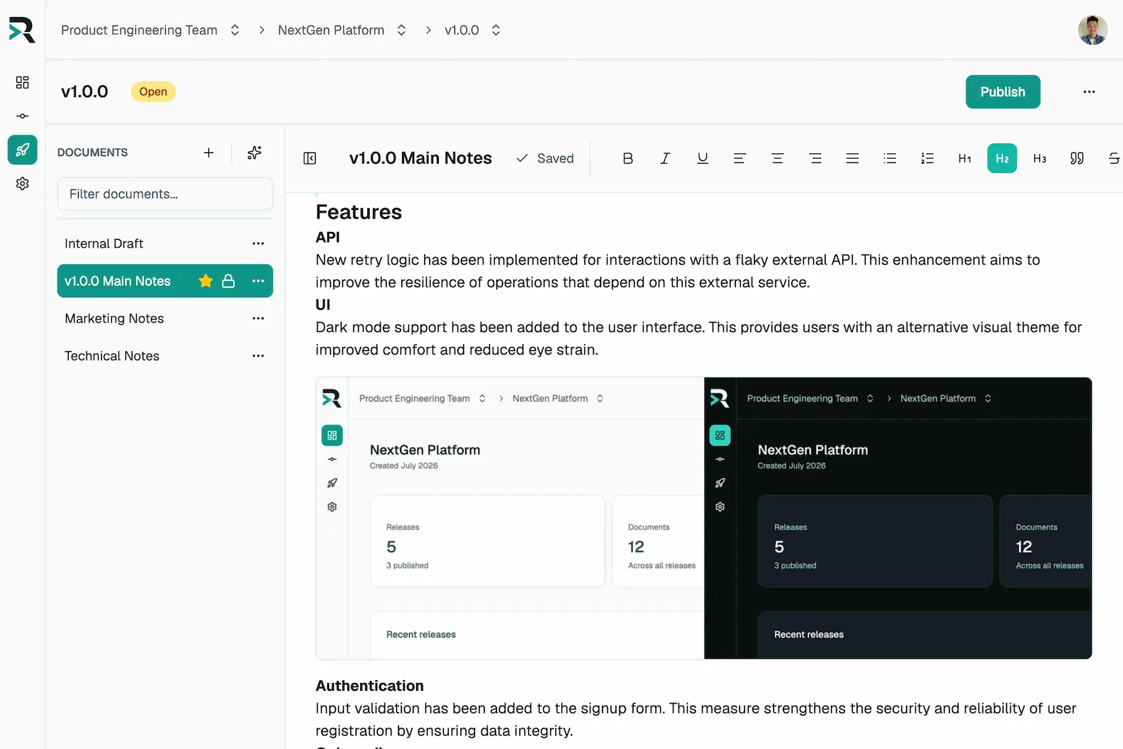 Rich text editor and document management for ReleaseBase